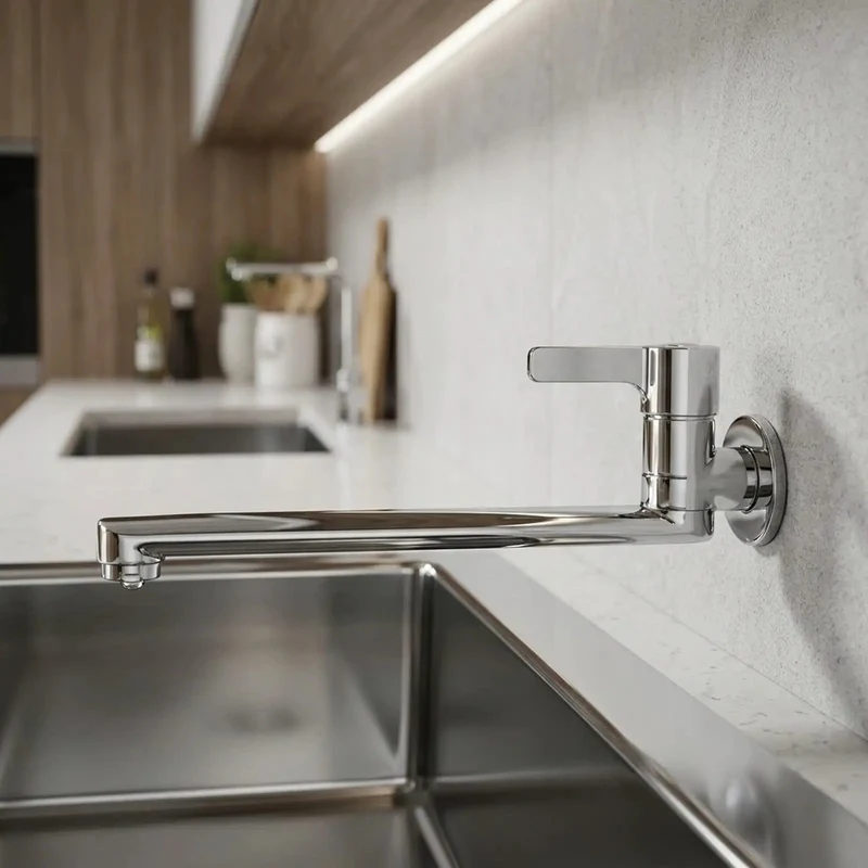 Heavy Duty Wall Mounted Kitchen Faucet Featuring A Long Rotating Spout Built Tough For Cold Water Utility And Mop Sink Cleanup Done Right In Sharp 304 Stainless Steel