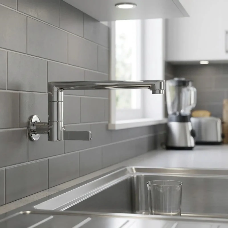 Heavy Duty Wall Mounted Kitchen Faucet Featuring A Long Rotating Spout Built Tough For Cold Water Utility And Mop Sink Cleanup Done Right In Sharp 304 Stainless Steel