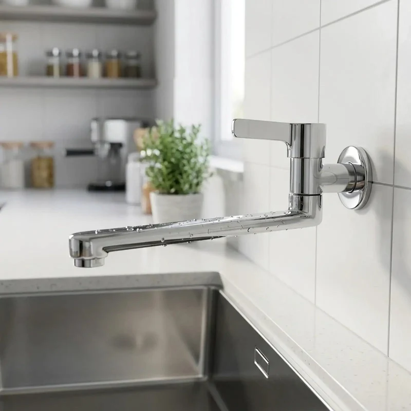 Heavy Duty Wall Mounted Kitchen Faucet Featuring A Long Rotating Spout Built Tough For Cold Water Utility And Mop Sink Cleanup Done Right In Sharp 304 Stainless Steel