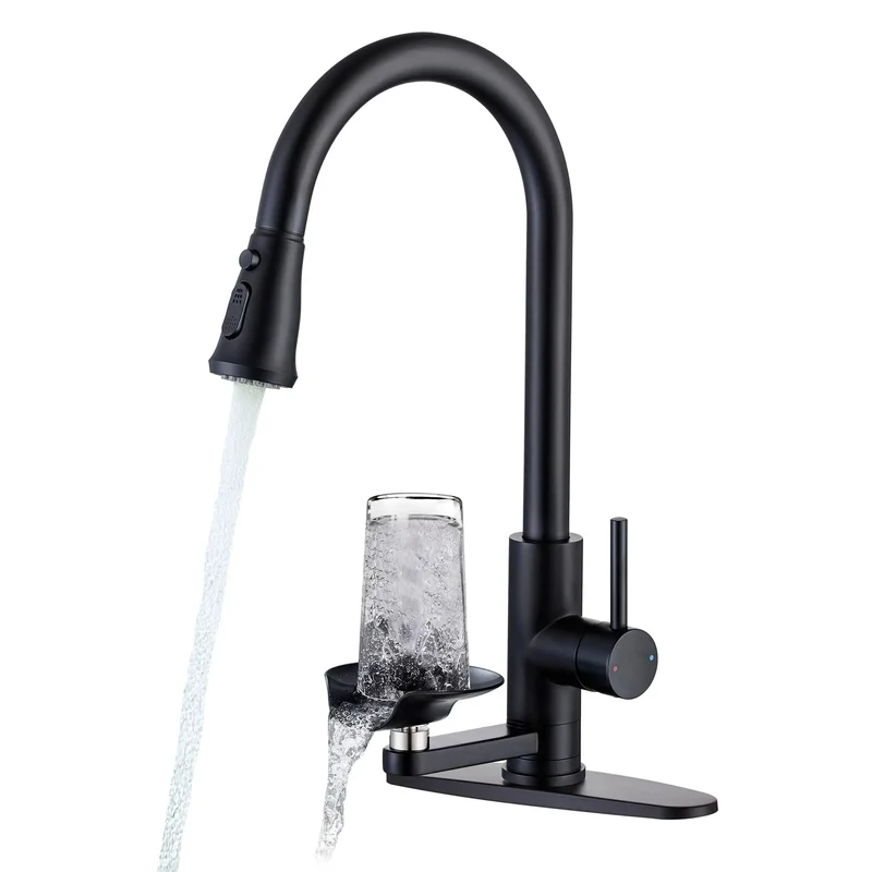 Badass Matte Black Pull Down Kitchen Faucet With Single Handle And Built In Glass Rinser Featuring Pull Out Sprayer For One Or Three Hole Kitchen Sink Setup Bringing Zero Headaches