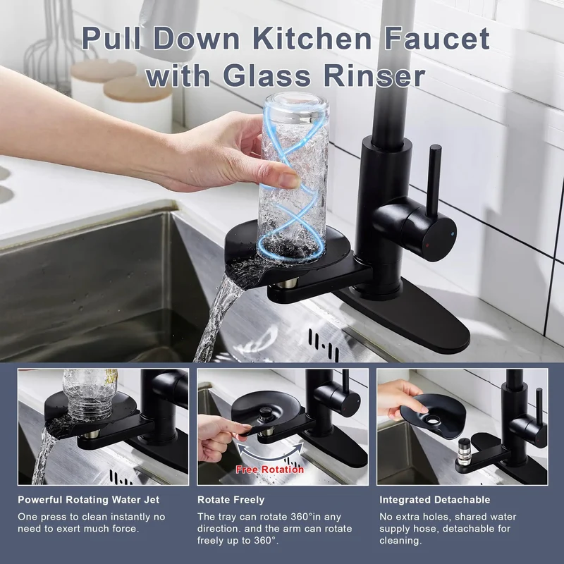 Badass Matte Black Pull Down Kitchen Faucet With Single Handle And Built In Glass Rinser Featuring Pull Out Sprayer For One Or Three Hole Kitchen Sink Setup Bringing Zero Headaches