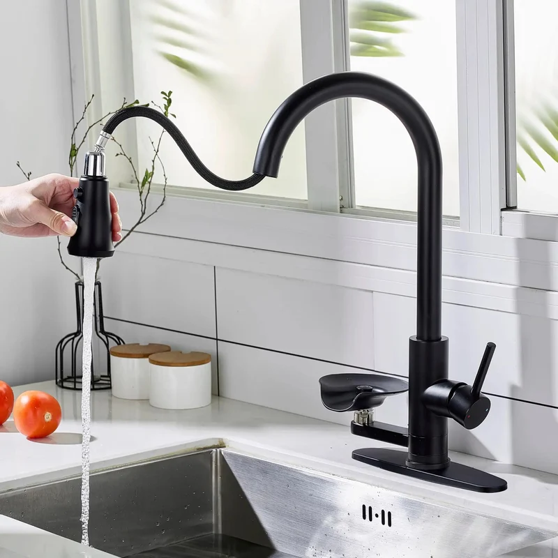 Badass Matte Black Pull Down Kitchen Faucet With Single Handle And Built In Glass Rinser Featuring Pull Out Sprayer For One Or Three Hole Kitchen Sink Setup Bringing Zero Headaches