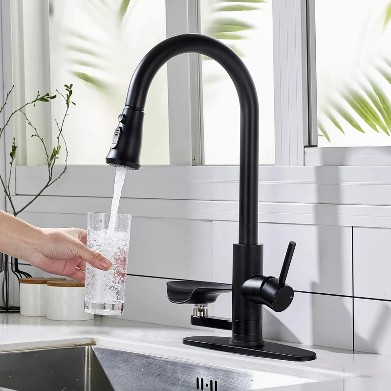Badass Matte Black Pull Down Kitchen Faucet With Single Handle And Built In Glass Rinser Featuring Pull Out Sprayer For One Or Three Hole Kitchen Sink Setup Bringing Zero Headaches