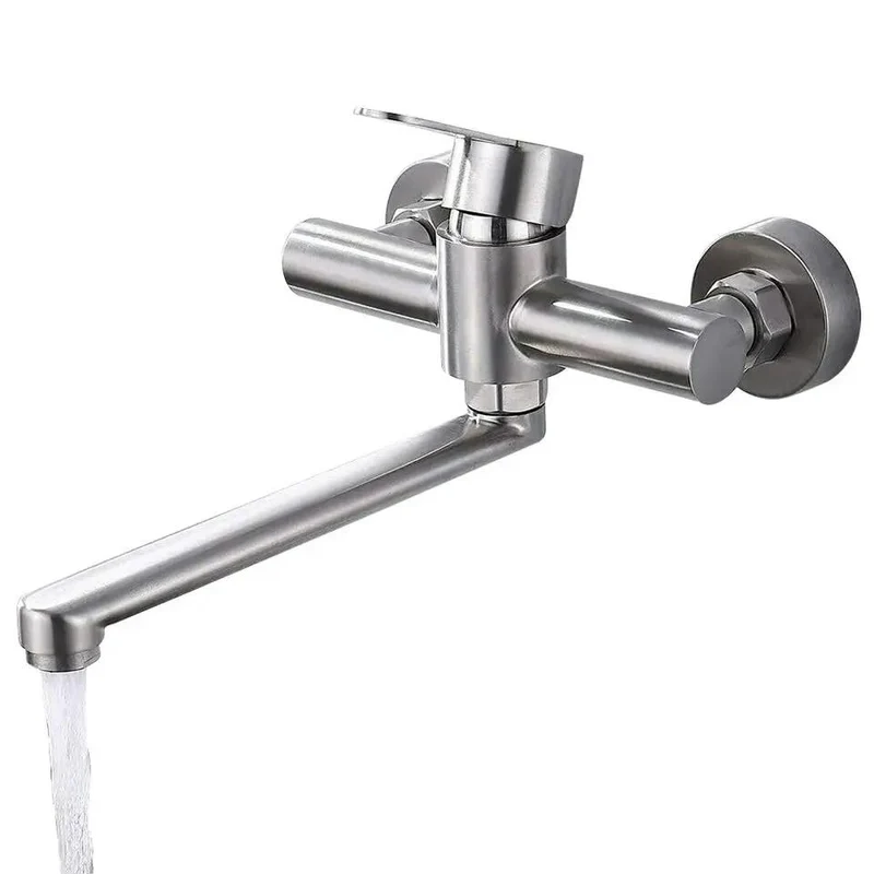Slick Wall Mounted Kitchen Sink Faucet Featuring A Smooth 360 Swivel Spout Single Handle Stainless Steel Mixer Tap Built Tough For Effortless Cleanup And Everyday Kitchen Upgrade Wins