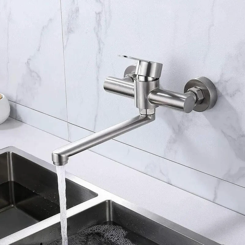 Slick Wall Mounted Kitchen Sink Faucet Featuring A Smooth 360 Swivel Spout Single Handle Stainless Steel Mixer Tap Built Tough For Effortless Cleanup And Everyday Kitchen Upgrade Wins
