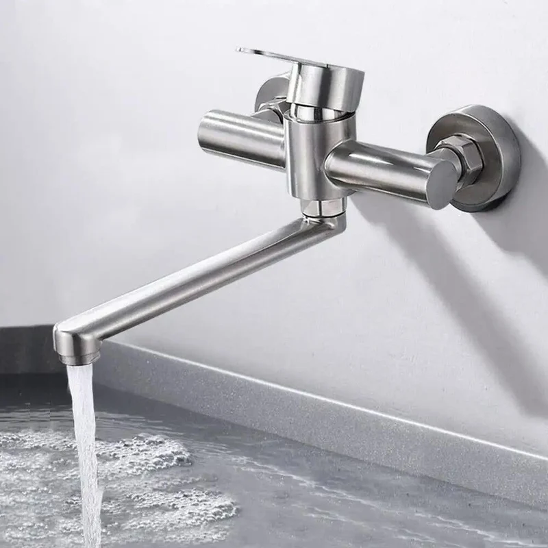 Slick Wall Mounted Kitchen Sink Faucet Featuring A Smooth 360 Swivel Spout Single Handle Stainless Steel Mixer Tap Built Tough For Effortless Cleanup And Everyday Kitchen Upgrade Wins