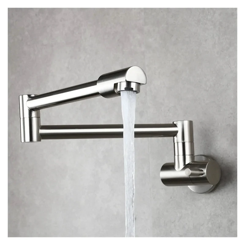 Solid Brass Wall Mount Kitchen Faucet With Smooth Rotating Foldable Chrome Spout Single Hole Mixer Heavy Duty Build Rock Solid Construction Game Changer For Deep Sink Cleaning Tasks