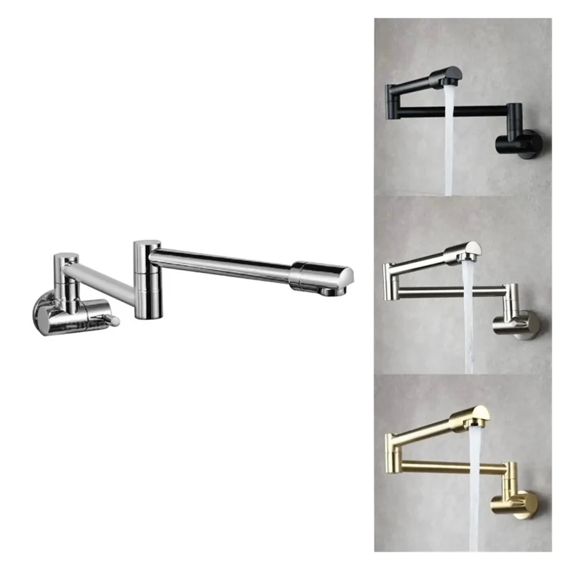 Solid Brass Wall Mount Kitchen Faucet With Smooth Rotating Foldable Chrome Spout Single Hole Mixer Heavy Duty Build Rock Solid Construction Game Changer For Deep Sink Cleaning Tasks