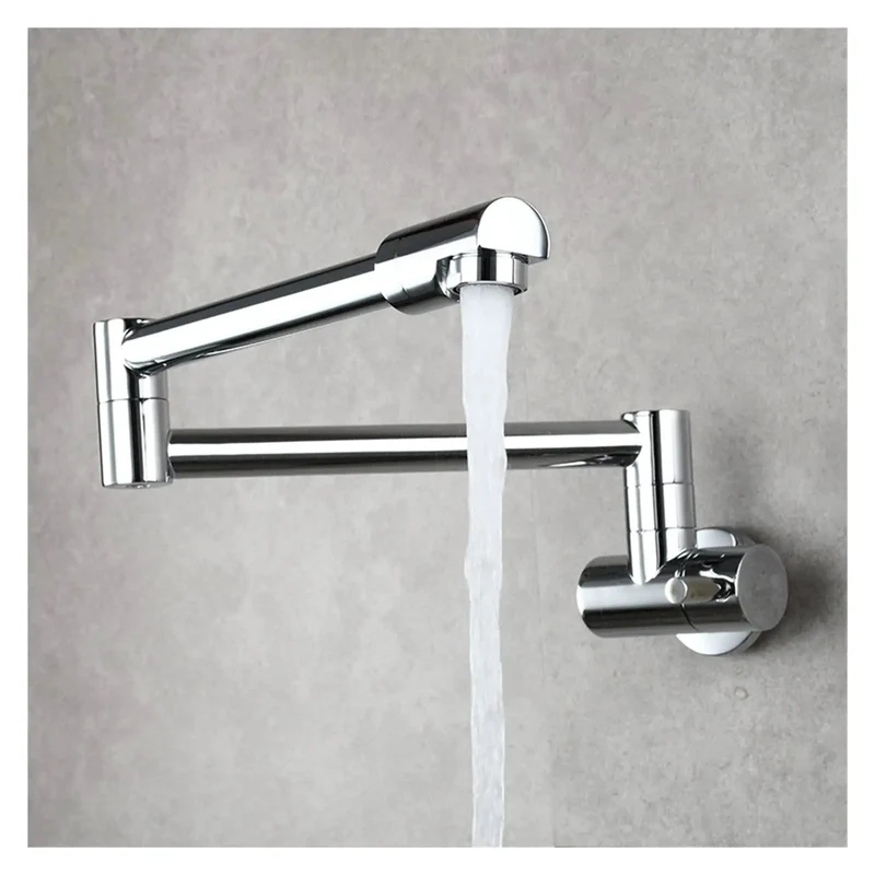 Solid Brass Wall Mount Kitchen Faucet With Smooth Rotating Foldable Chrome Spout Single Hole Mixer Heavy Duty Build Rock Solid Construction Game Changer For Deep Sink Cleaning Tasks