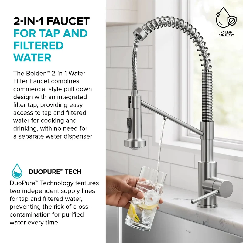 Slick 2 In 1 Pull Down Kitchen Faucet With Integrated Water Filter Tap For Reverse Osmosis Systems In Matte Black Spot Free Finish And No Sweat Swivel Operation For Hassle Free Drinking Water Access