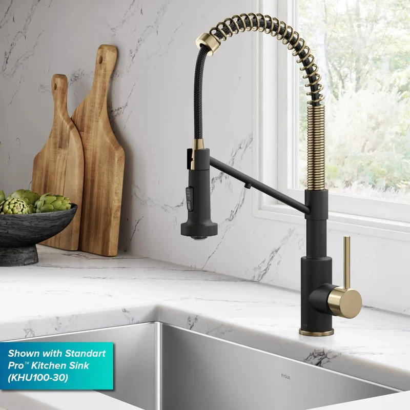 Pro Grade Two In One Pull Down Kitchen Faucet With Built In Water Filter Split Spout And Reverse Osmosis Compatibility Featuring Three Function Commercial Sprayer With Slick Antique Champagne Bronze Finish That Is A Straight Shooter For Every Sink Setup