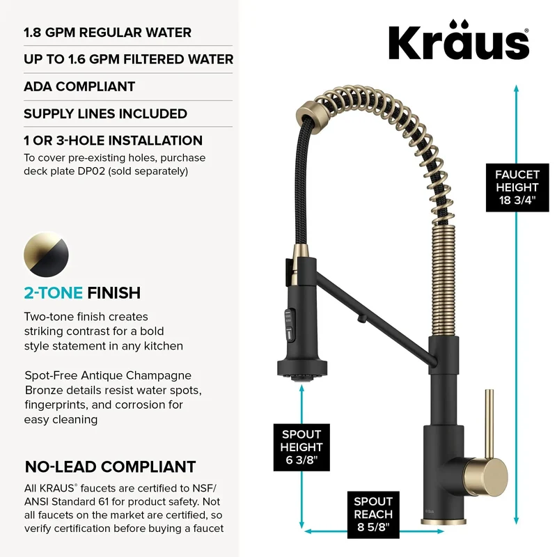 Pro Grade Two In One Pull Down Kitchen Faucet With Built In Water Filter Split Spout And Reverse Osmosis Compatibility Featuring Three Function Commercial Sprayer With Slick Antique Champagne Bronze Finish That Is A Straight Shooter For Every Sink Setup
