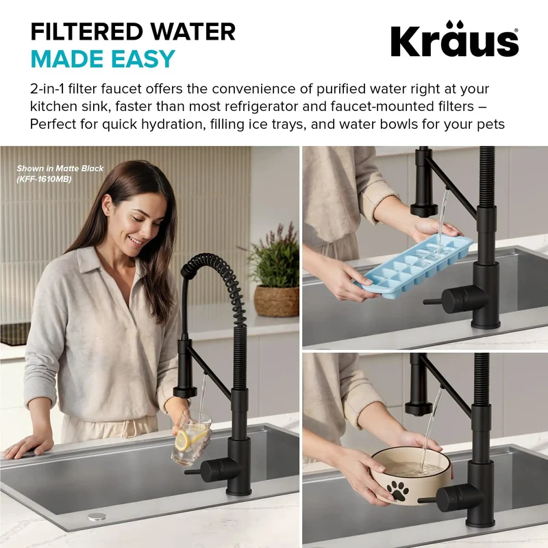 Pro Grade Two In One Pull Down Kitchen Faucet With Built In Water Filter Split Spout And Reverse Osmosis Compatibility Featuring Three Function Commercial Sprayer With Slick Antique Champagne Bronze Finish That Is A Straight Shooter For Every Sink Setup