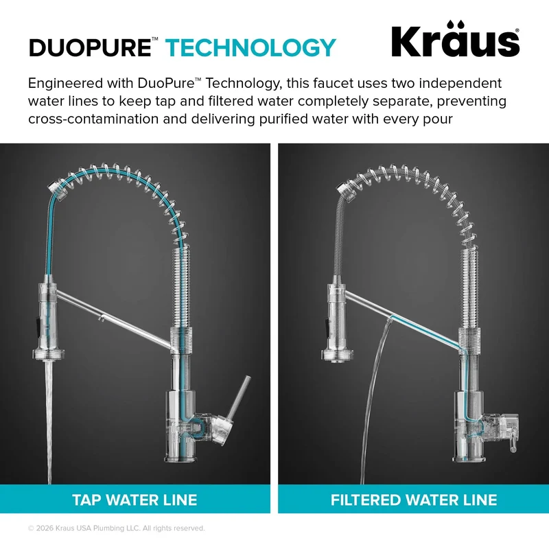 Pro Grade Two In One Pull Down Kitchen Faucet With Built In Water Filter Split Spout And Reverse Osmosis Compatibility Featuring Three Function Commercial Sprayer With Slick Antique Champagne Bronze Finish That Is A Straight Shooter For Every Sink Setup