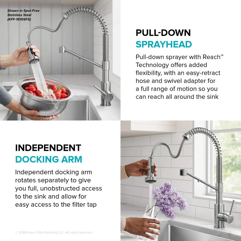 Pro Grade Two In One Pull Down Kitchen Faucet With Built In Water Filter Split Spout And Reverse Osmosis Compatibility Featuring Three Function Commercial Sprayer With Slick Antique Champagne Bronze Finish That Is A Straight Shooter For Every Sink Setup
