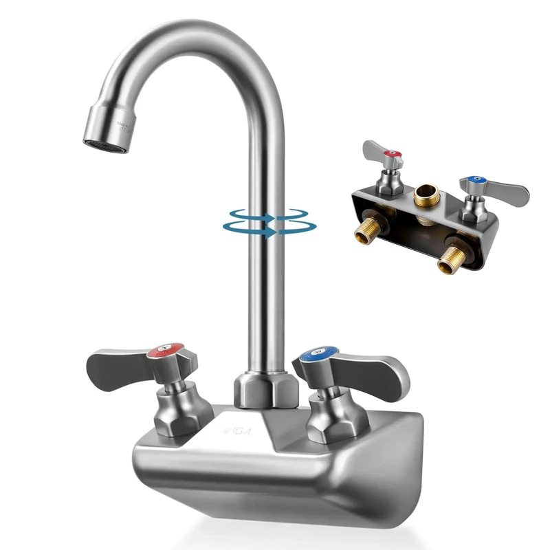 Heavy Duty Brushed Nickel Wall Mount Sink Faucet With Four Inch Swivel Gooseneck Spout And Dual Lever Handles Solid Brass Workhorse Utility Fixture For Restaurant Laundry Or Bar Setup