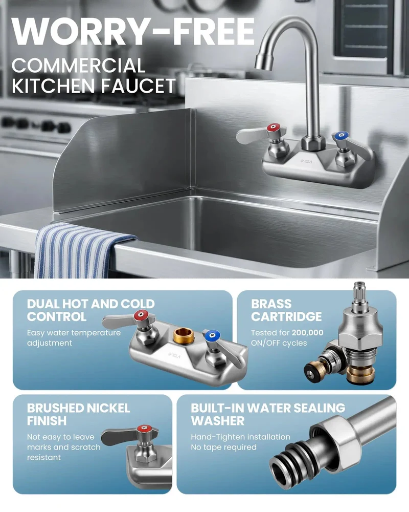 Heavy Duty Brushed Nickel Wall Mount Sink Faucet With Four Inch Swivel Gooseneck Spout And Dual Lever Handles Solid Brass Workhorse Utility Fixture For Restaurant Laundry Or Bar Setup