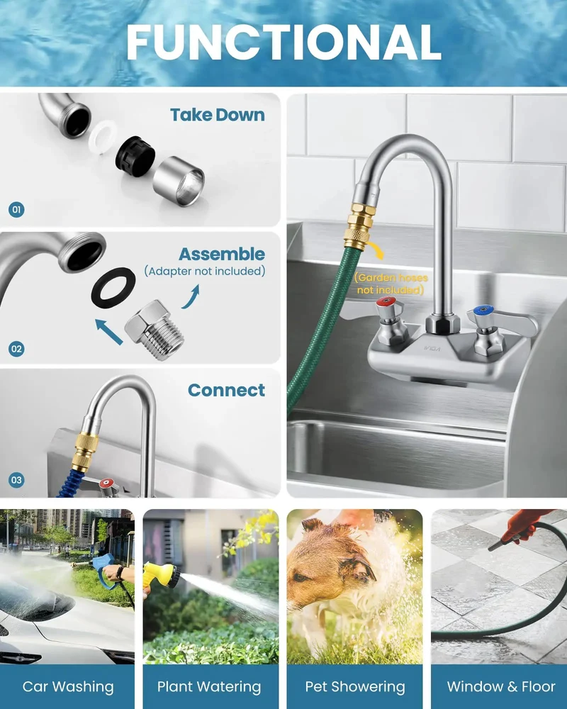 Heavy Duty Brushed Nickel Wall Mount Sink Faucet With Four Inch Swivel Gooseneck Spout And Dual Lever Handles Solid Brass Workhorse Utility Fixture For Restaurant Laundry Or Bar Setup