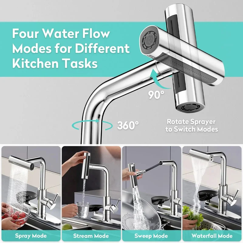 Slick Waterfall Kitchen Faucet With Pull Down Sprayer And Integrated Glass Rinser Offering Hella Smooth Flow Premium Brushed Nickel Finish For Everyday Washing And Serious Kitchen Game Vibes