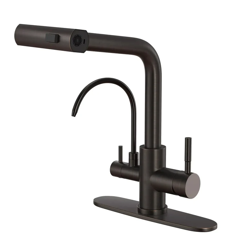 Slick 3 Way Pull Down Kitchen Faucet With A Smooth Single Lever Handle And A Dedicated Drinking Water Outlet Oil Rubbed Bronze Finish Heavy Duty Stainless Steel Build Comes Plug And Play Ready