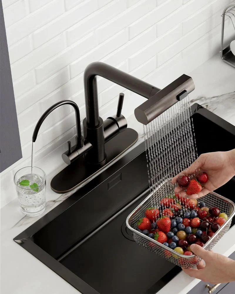 Slick 3 Way Pull Down Kitchen Faucet With A Smooth Single Lever Handle And A Dedicated Drinking Water Outlet Oil Rubbed Bronze Finish Heavy Duty Stainless Steel Build Comes Plug And Play Ready