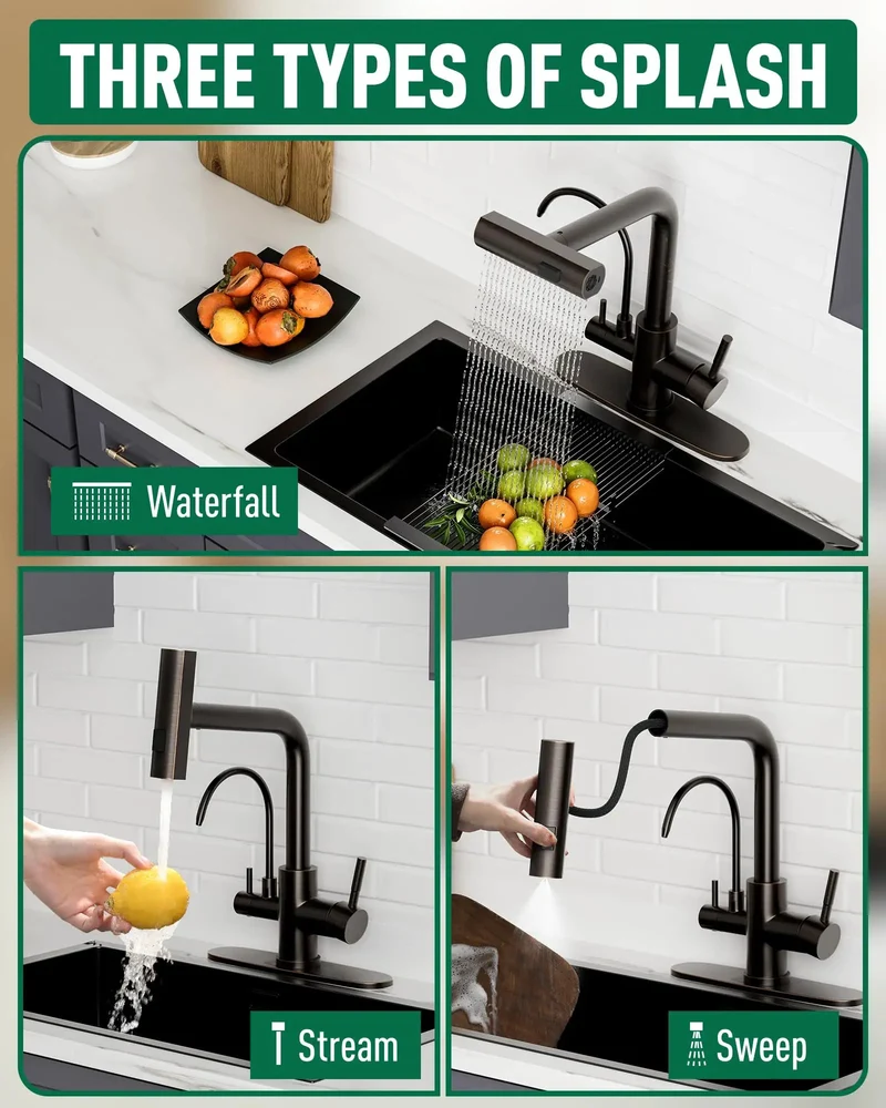 Slick 3 Way Pull Down Kitchen Faucet With A Smooth Single Lever Handle And A Dedicated Drinking Water Outlet Oil Rubbed Bronze Finish Heavy Duty Stainless Steel Build Comes Plug And Play Ready