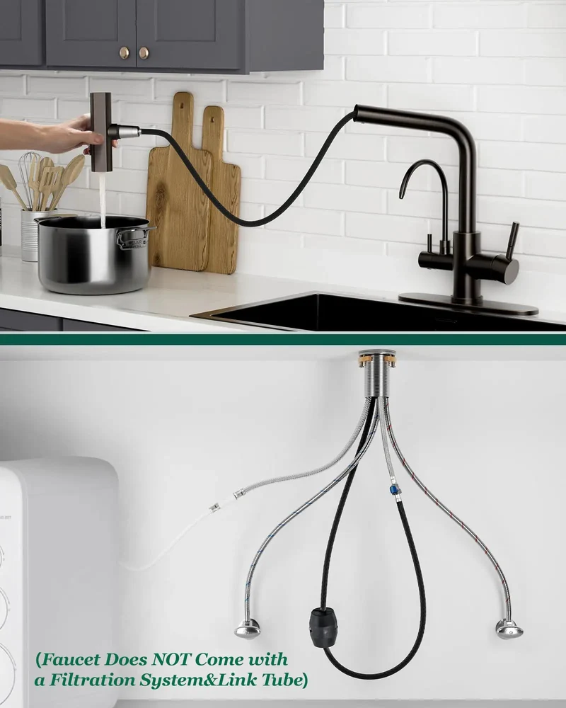 Slick 3 Way Pull Down Kitchen Faucet With A Smooth Single Lever Handle And A Dedicated Drinking Water Outlet Oil Rubbed Bronze Finish Heavy Duty Stainless Steel Build Comes Plug And Play Ready