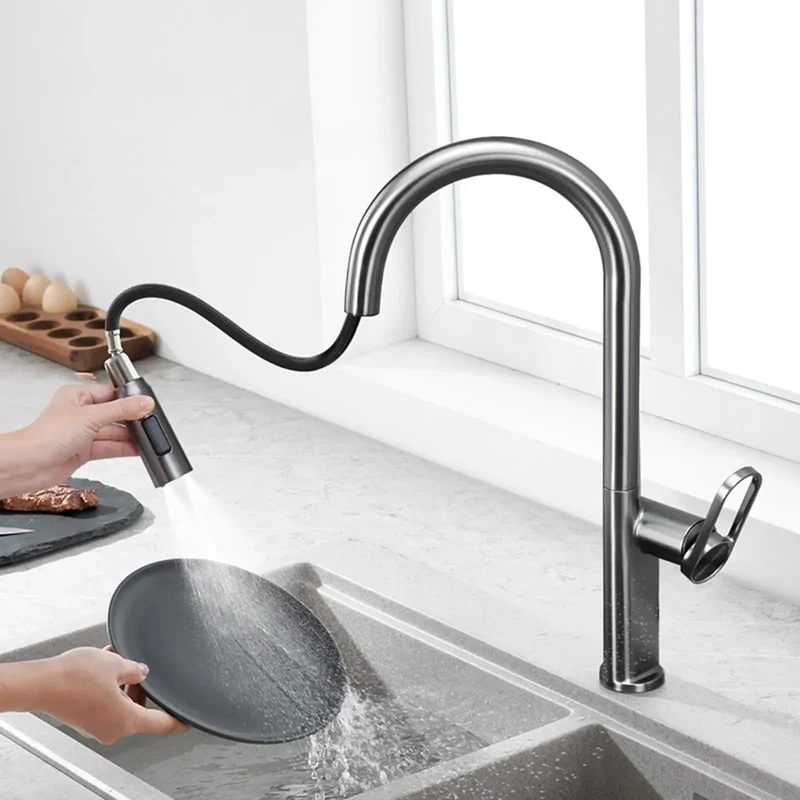 Green Single Hole Kitchen Faucet With Retractable Pull Out Sprayer And 360 Degree Swivel Spout Featuring Gravity Ball Auto Return For Easy Breezy Rinse And Slick Modern Sink Upgrade