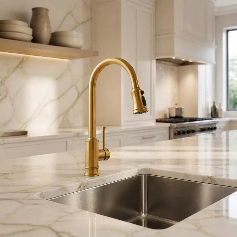 Gold Brushed Nickel Kitchen Faucet with Pull Down Sprayer and 3-Mode Spray Options to Give Your Kitchen Sink a Total Glow Up and Rock Solid Durable Performance for All Your Cooking Needs