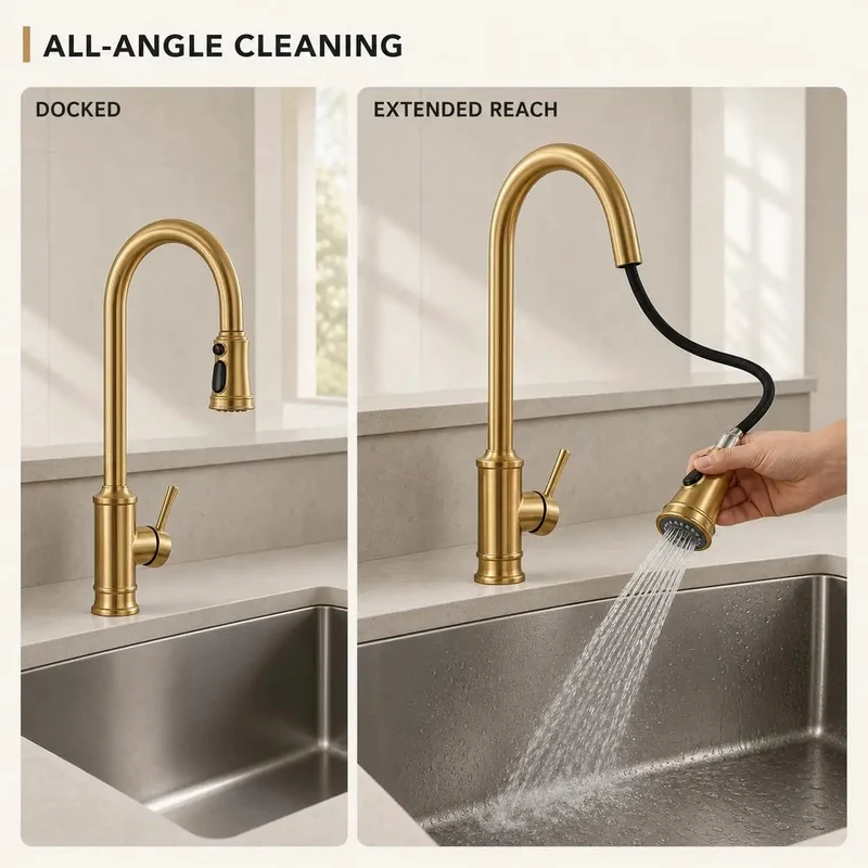 Gold Brushed Nickel Kitchen Faucet with Pull Down Sprayer and 3-Mode Spray Options to Give Your Kitchen Sink a Total Glow Up and Rock Solid Durable Performance for All Your Cooking Needs