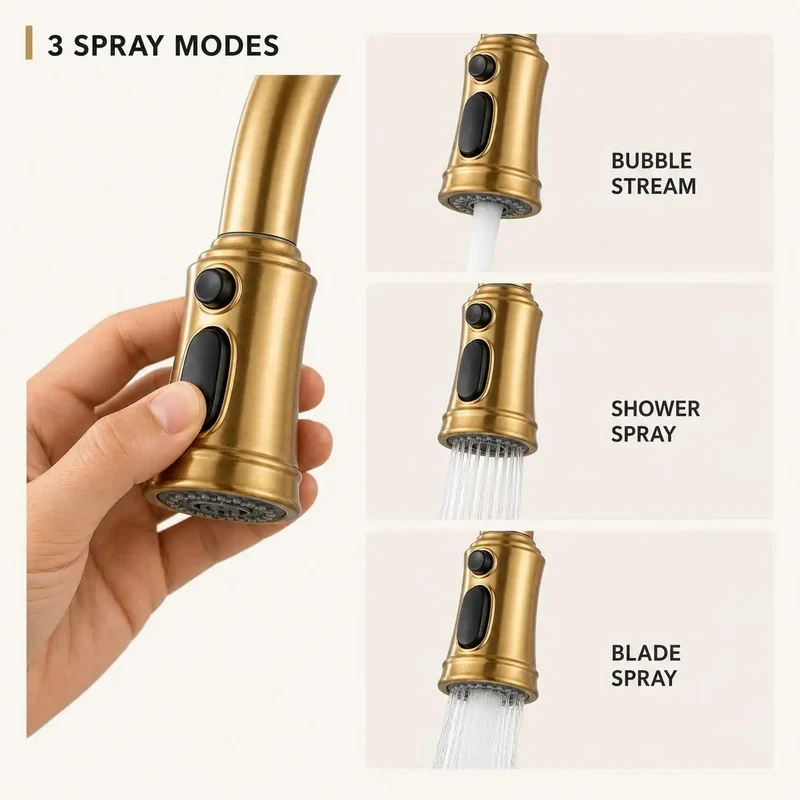 Gold Brushed Nickel Kitchen Faucet with Pull Down Sprayer and 3-Mode Spray Options to Give Your Kitchen Sink a Total Glow Up and Rock Solid Durable Performance for All Your Cooking Needs