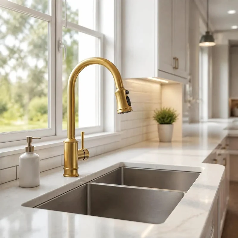 Gold Brushed Nickel Kitchen Faucet with Pull Down Sprayer and 3-Mode Spray Options to Give Your Kitchen Sink a Total Glow Up and Rock Solid Durable Performance for All Your Cooking Needs