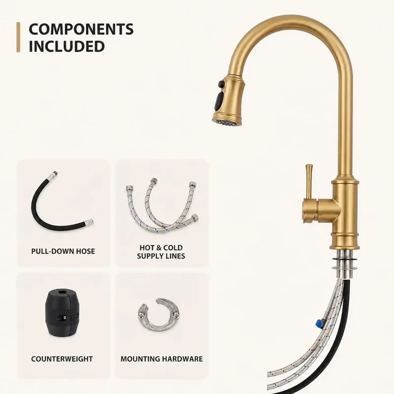Gold Brushed Nickel Kitchen Faucet with Pull Down Sprayer and 3-Mode Spray Options to Give Your Kitchen Sink a Total Glow Up and Rock Solid Durable Performance for All Your Cooking Needs