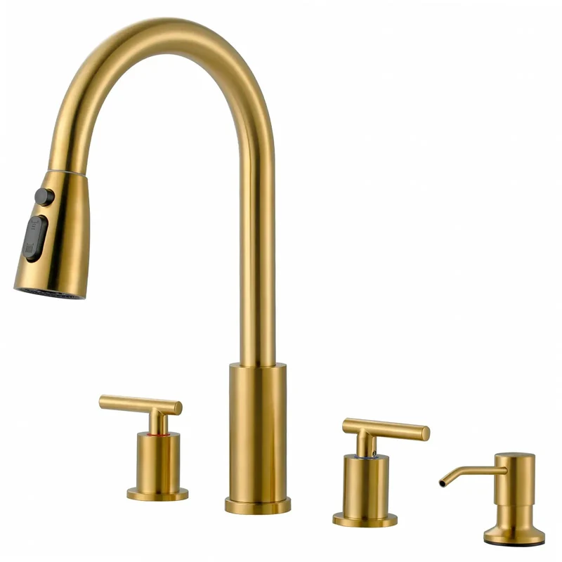 Dual Handle Kitchen Faucet With Pull Down Sprayer And Built In Soap Dispenser Four Hole Widespread Configuration Slick Contemporary Design Straight Up Top Shelf Quality