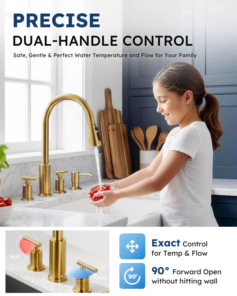 Dual Handle Kitchen Faucet With Pull Down Sprayer And Built In Soap Dispenser Four Hole Widespread Configuration Slick Contemporary Design Straight Up Top Shelf Quality