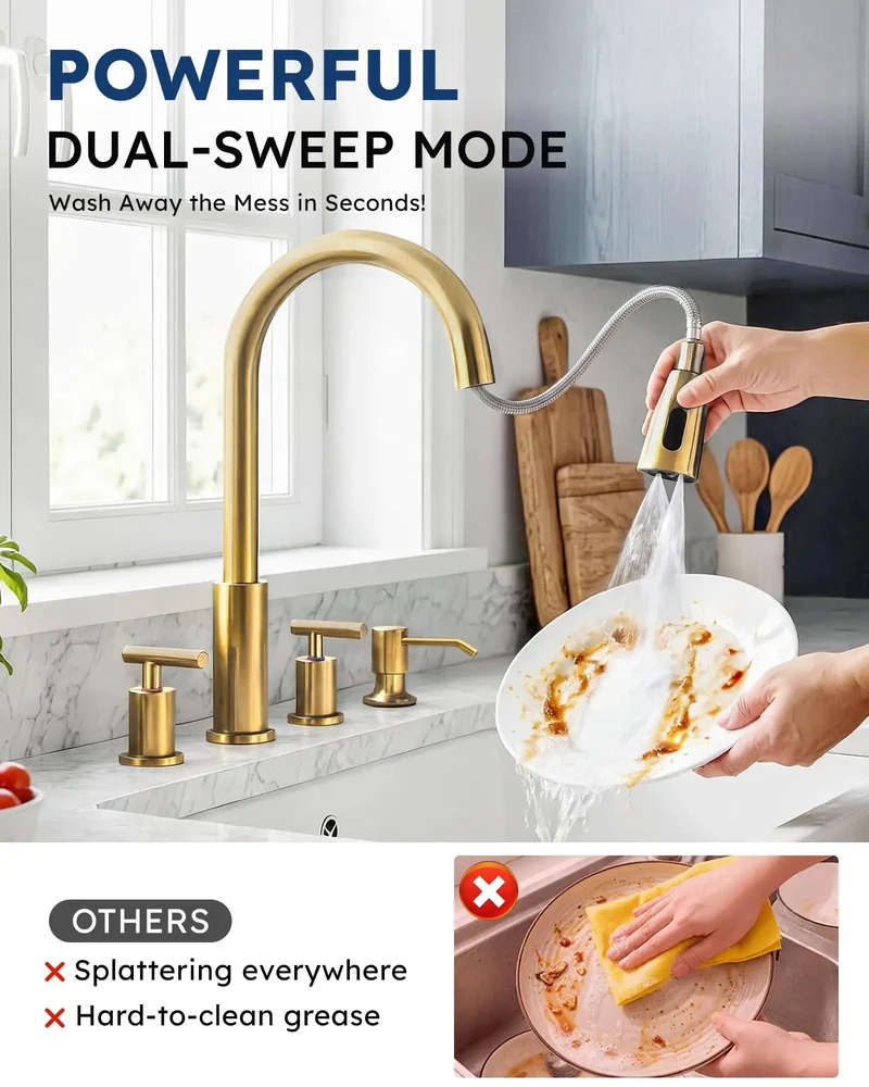 Dual Handle Kitchen Faucet With Pull Down Sprayer And Built In Soap Dispenser Four Hole Widespread Configuration Slick Contemporary Design Straight Up Top Shelf Quality