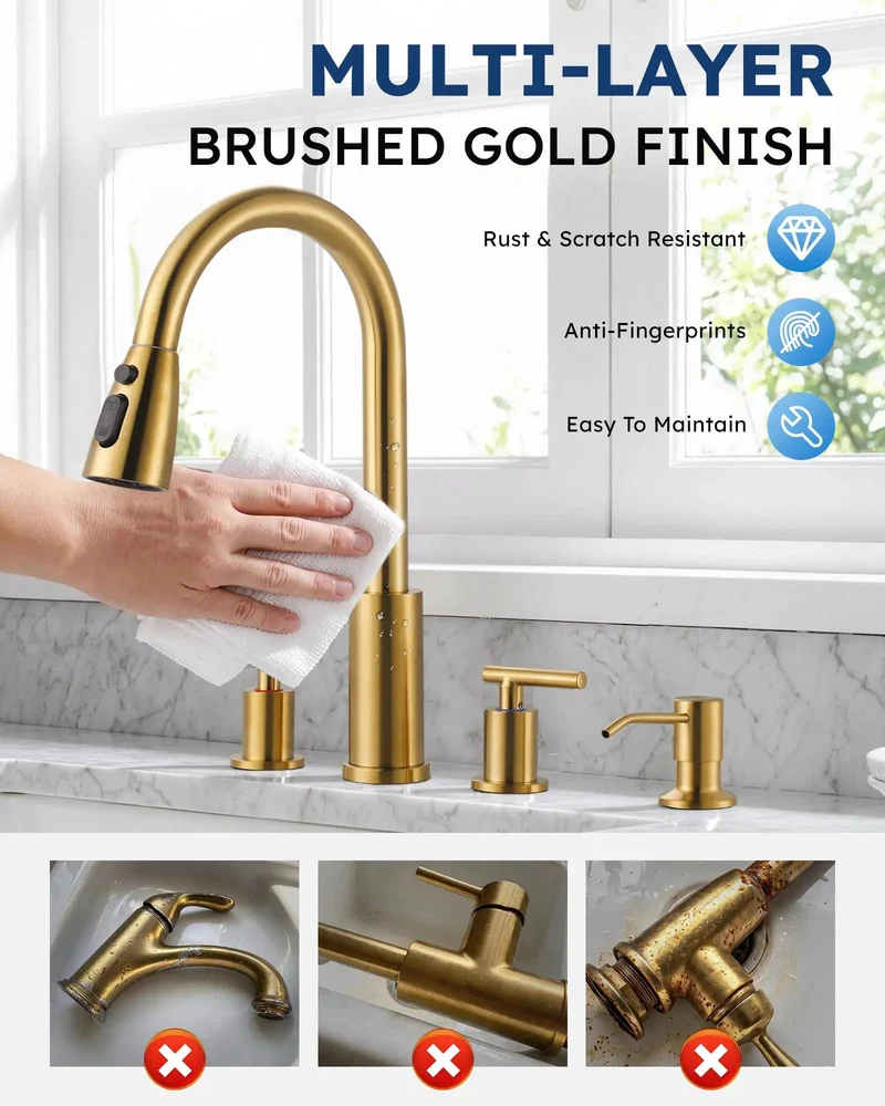Dual Handle Kitchen Faucet With Pull Down Sprayer And Built In Soap Dispenser Four Hole Widespread Configuration Slick Contemporary Design Straight Up Top Shelf Quality