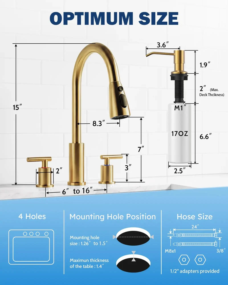 Dual Handle Kitchen Faucet With Pull Down Sprayer And Built In Soap Dispenser Four Hole Widespread Configuration Slick Contemporary Design Straight Up Top Shelf Quality
