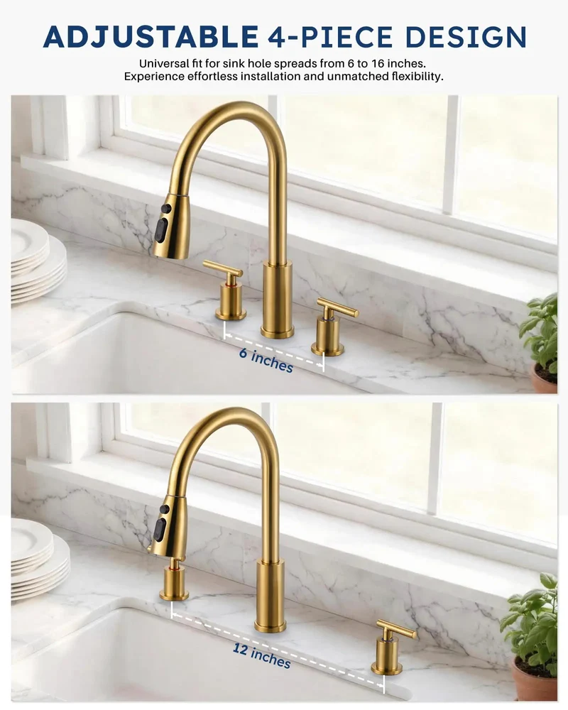 Dual Handle Kitchen Faucet With Pull Down Sprayer And Built In Soap Dispenser Four Hole Widespread Configuration Slick Contemporary Design Straight Up Top Shelf Quality