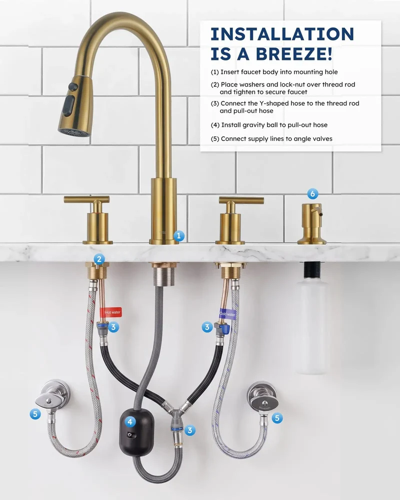 Dual Handle Kitchen Faucet With Pull Down Sprayer And Built In Soap Dispenser Four Hole Widespread Configuration Slick Contemporary Design Straight Up Top Shelf Quality