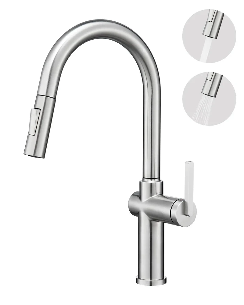 Brushed Nickel Kitchen Faucet With Pull Down Sprayer Serving Up Dual Water Modes And Splash Free Action For Hella Easy Dish Washing And A Slick One Touch Handle For Your Home Sink Setup