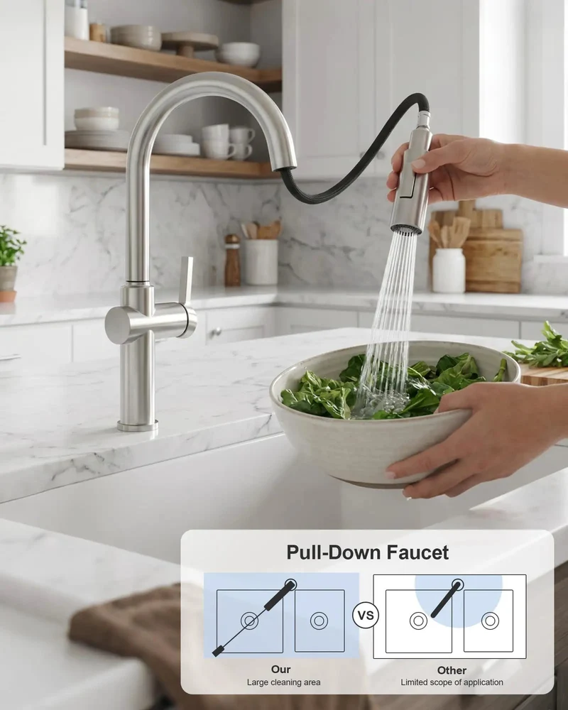 Brushed Nickel Kitchen Faucet With Pull Down Sprayer Serving Up Dual Water Modes And Splash Free Action For Hella Easy Dish Washing And A Slick One Touch Handle For Your Home Sink Setup