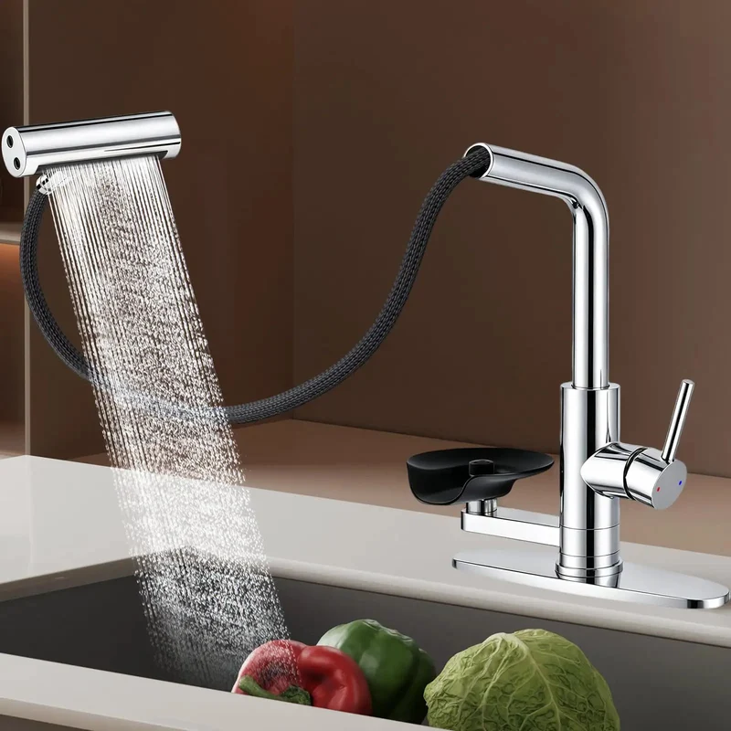 Swanky Chrome Pull Down Kitchen Faucet With Integrated Glass Rinser And Pull Out Sprayer Single Hole Mount Saves Counter Space Badass Stream Cleans Glasses Fast Smooth Action Modern Style Pro Level Quality.