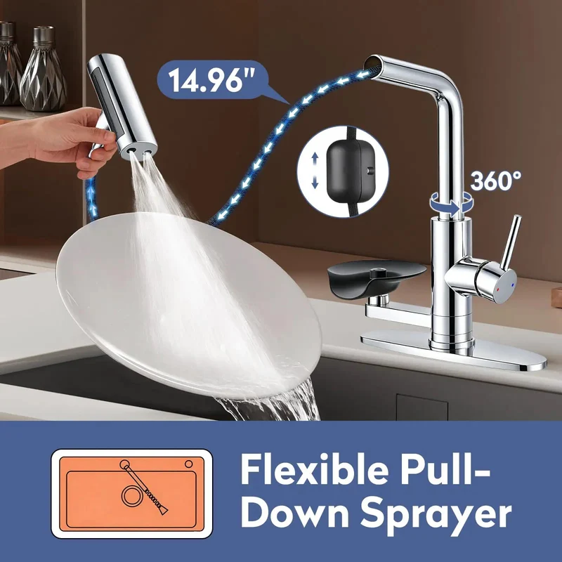 Swanky Chrome Pull Down Kitchen Faucet With Integrated Glass Rinser And Pull Out Sprayer Single Hole Mount Saves Counter Space Badass Stream Cleans Glasses Fast Smooth Action Modern Style Pro Level Quality.