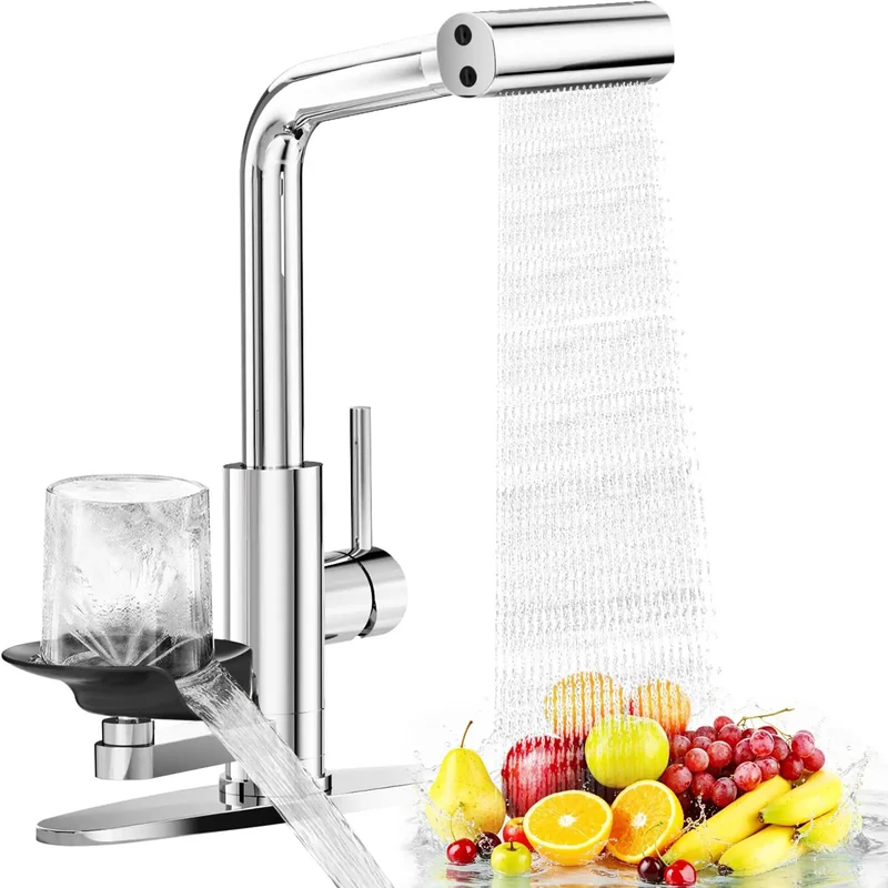 Slick Chrome Kitchen Faucet With Built In Glass Cup Rinser Four Spray Modes Rotating Pressurized Jets Hassle Free Mount Zero Extra Drilling Smooth Daily Use Total Game Changer For Smart Homes