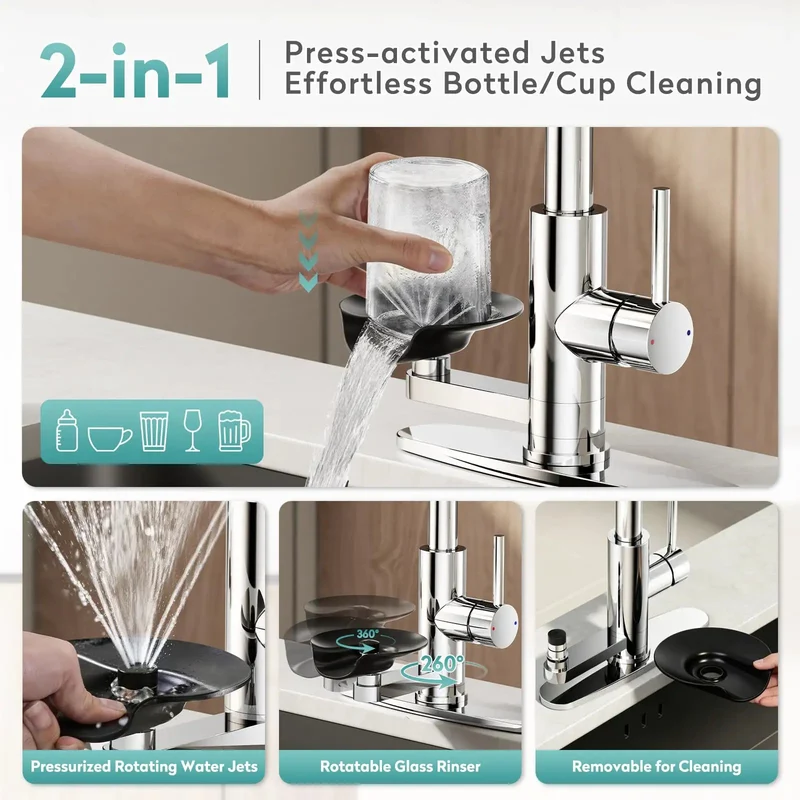 Slick Chrome Kitchen Faucet With Built In Glass Cup Rinser Four Spray Modes Rotating Pressurized Jets Hassle Free Mount Zero Extra Drilling Smooth Daily Use Total Game Changer For Smart Homes