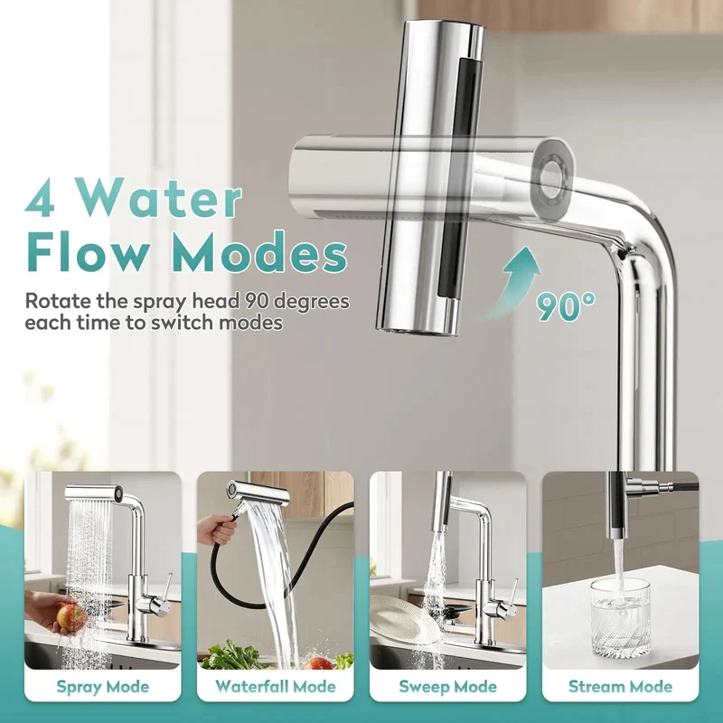 Slick Chrome Kitchen Faucet With Built In Glass Cup Rinser Four Spray Modes Rotating Pressurized Jets Hassle Free Mount Zero Extra Drilling Smooth Daily Use Total Game Changer For Smart Homes