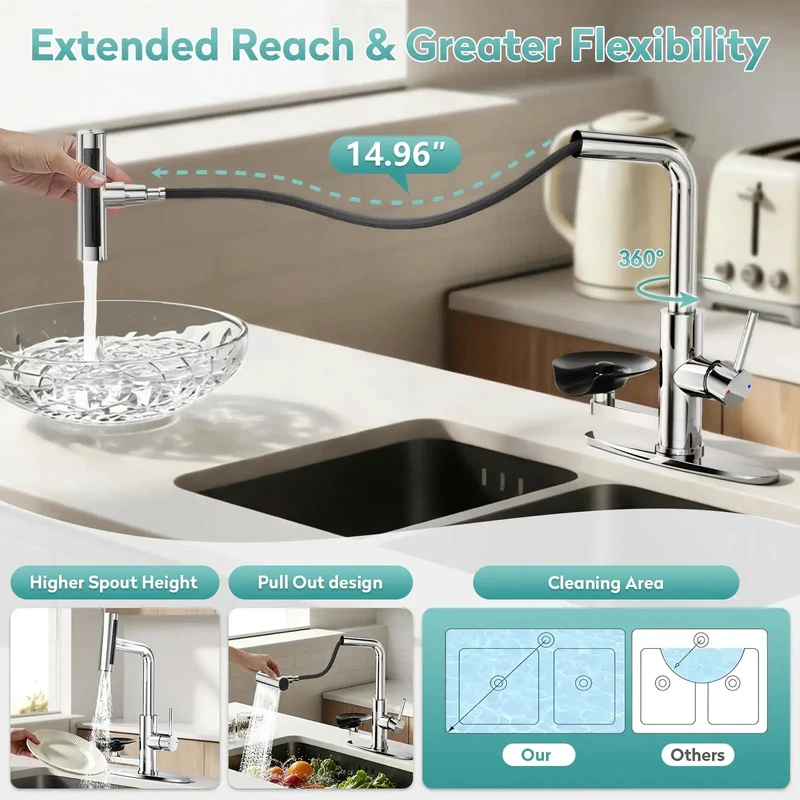Slick Chrome Kitchen Faucet With Built In Glass Cup Rinser Four Spray Modes Rotating Pressurized Jets Hassle Free Mount Zero Extra Drilling Smooth Daily Use Total Game Changer For Smart Homes
