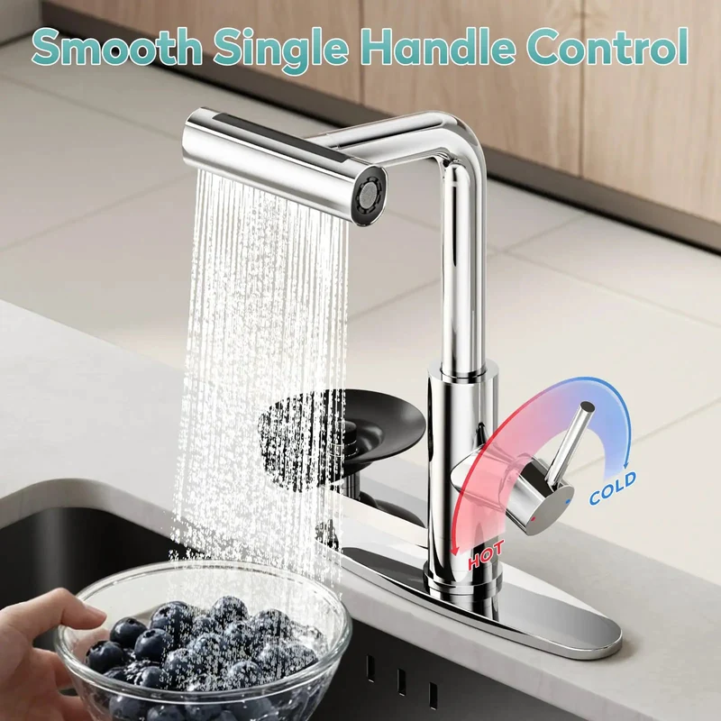 Slick Chrome Kitchen Faucet With Built In Glass Cup Rinser Four Spray Modes Rotating Pressurized Jets Hassle Free Mount Zero Extra Drilling Smooth Daily Use Total Game Changer For Smart Homes