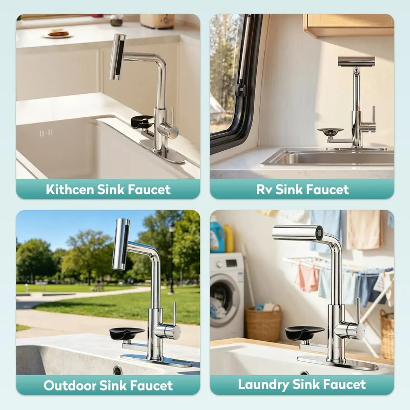 Slick Chrome Kitchen Faucet With Built In Glass Cup Rinser Four Spray Modes Rotating Pressurized Jets Hassle Free Mount Zero Extra Drilling Smooth Daily Use Total Game Changer For Smart Homes